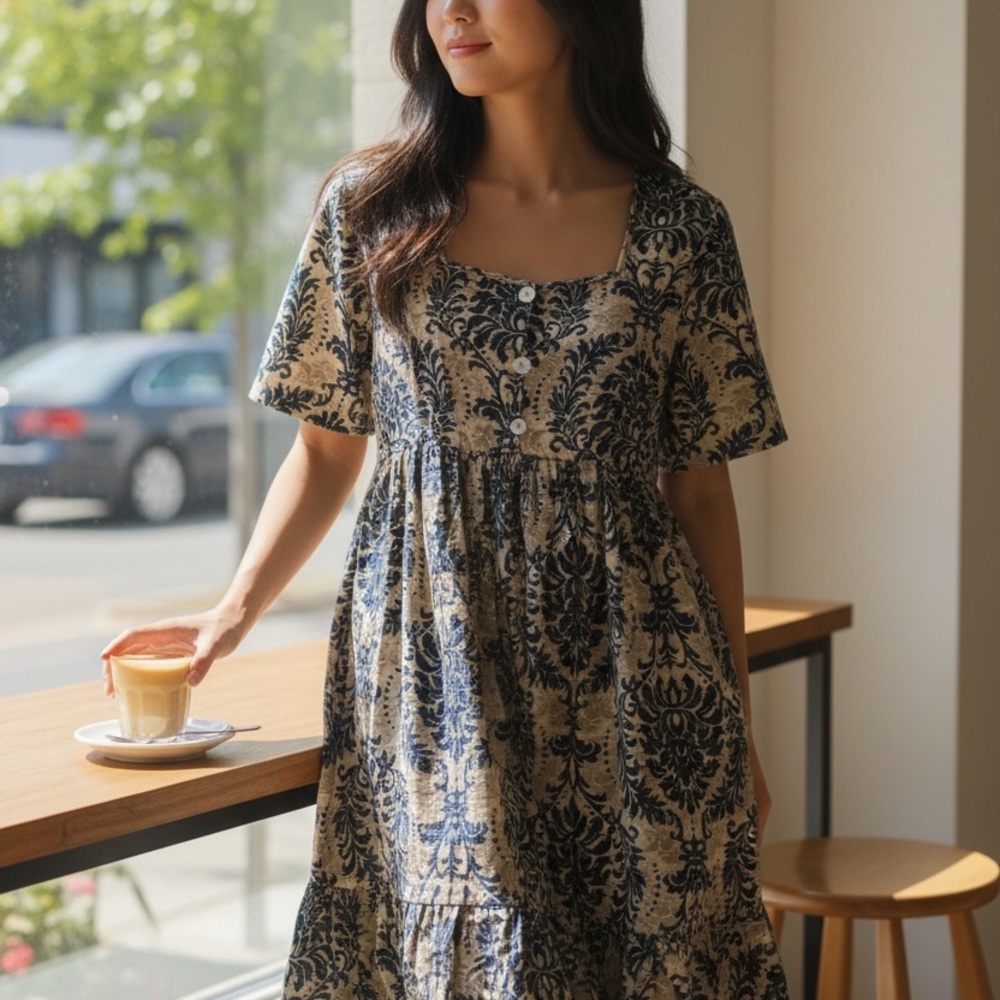 Chic Navy and Beige Patterned Midi Dress